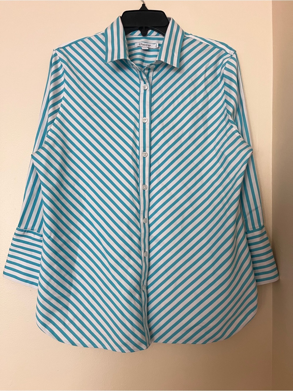 Chico's Aqua and White Diagonal Stripe Button-Down Shirt